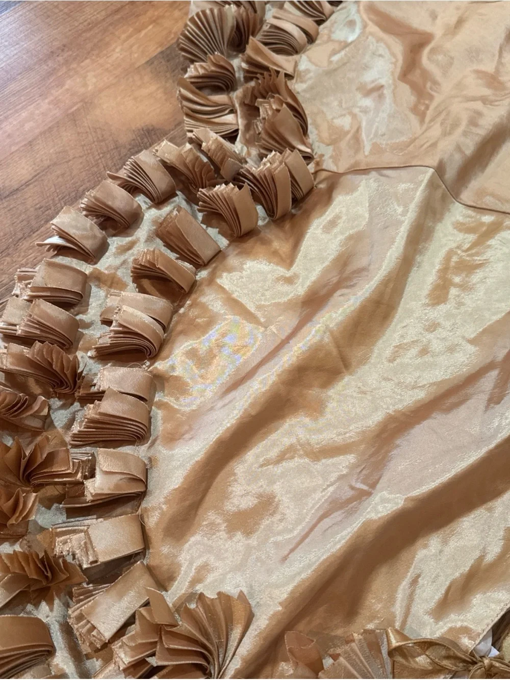 Vintage Gold Satin Christmas Tree Skirt 50” Ruffled Fringe Trim Shabby Chic